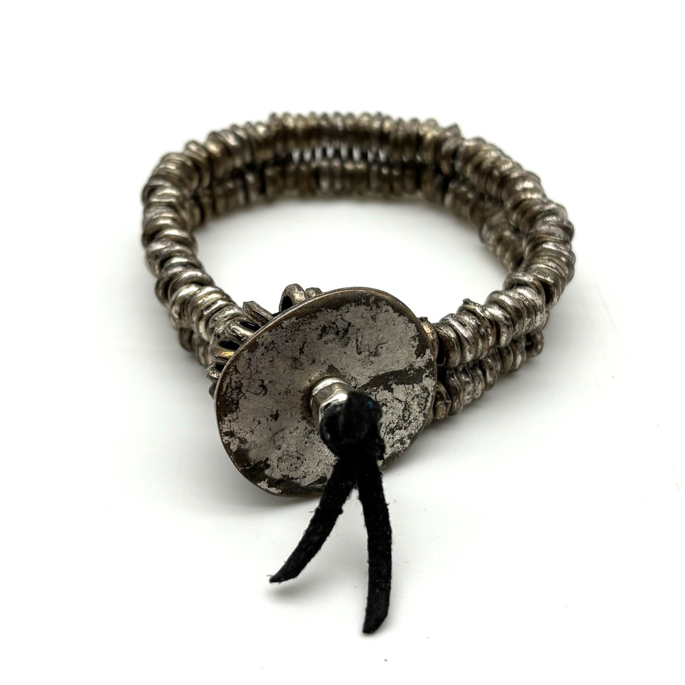 Vintage Handmade Artisan Silver-tone Segmented Brass Rustic Chunky Bracelet 7"